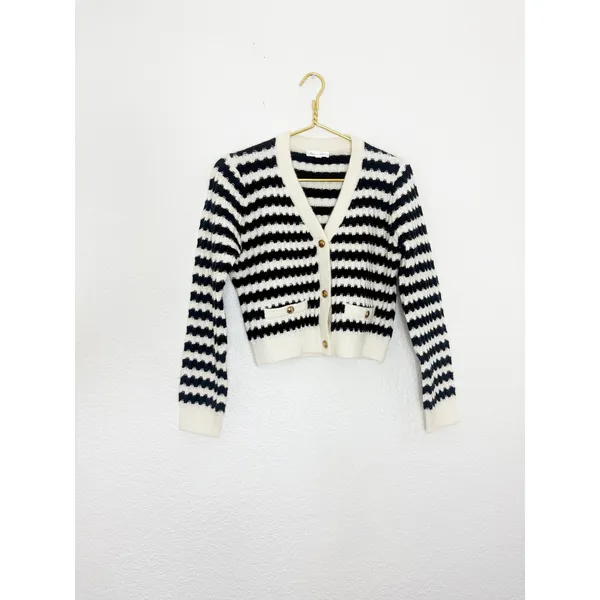 Anthropologie Line + Dot Laurel Cropped Knit Cardigan Size Small Black Striped - Image 4