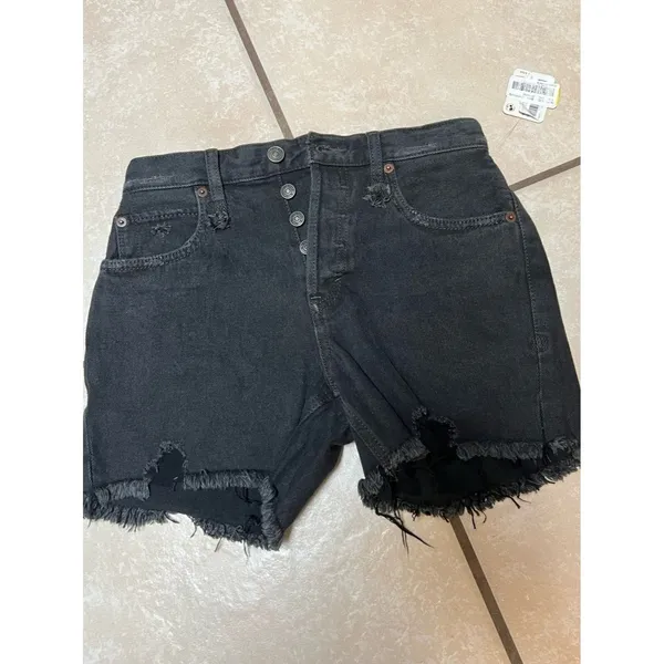 Free People Size 24 Black Button Fly Makai Cut Off Shorts Raw Hem‎ New - Image 3