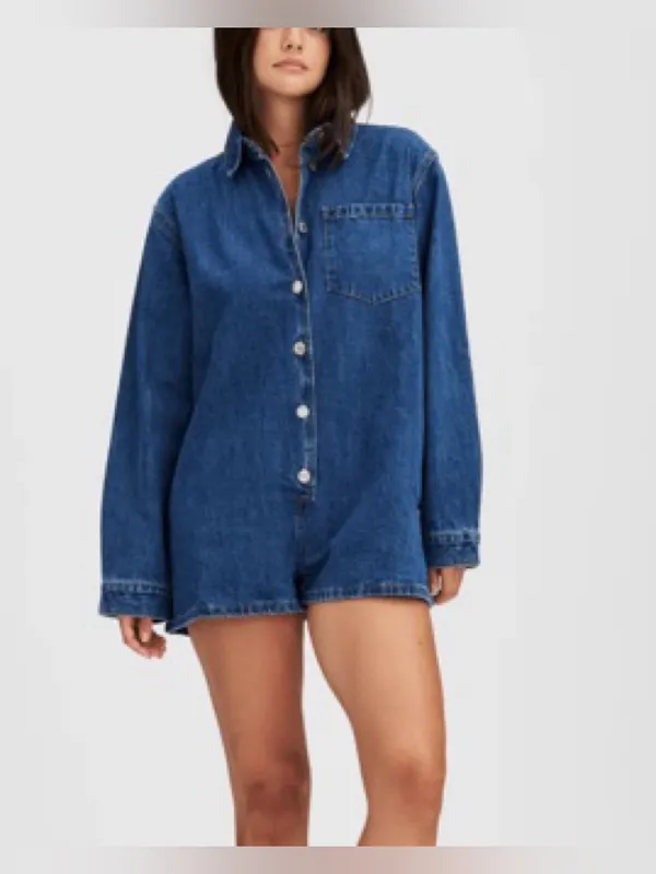 PARKE denim romper long sleeve button up playsuit collar patch dark wash - Image 10