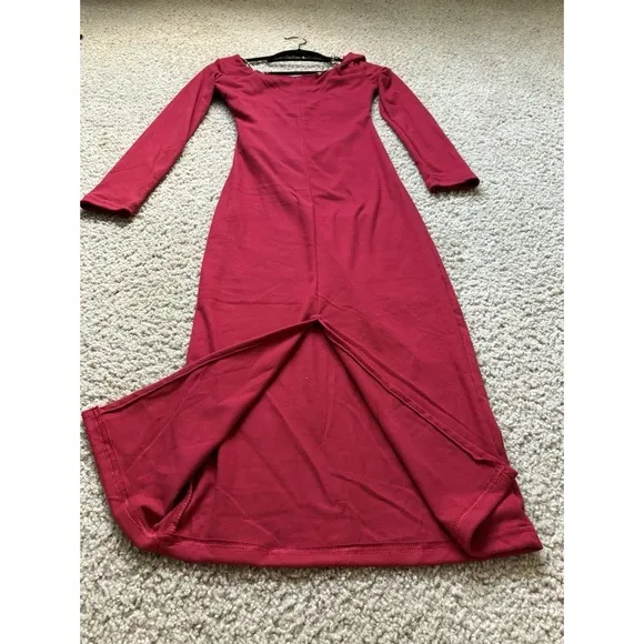Wine Red Square Neck Midi Dress with‎ Chain Detail, US Size S/XS, Party Slim Fit - Image 6