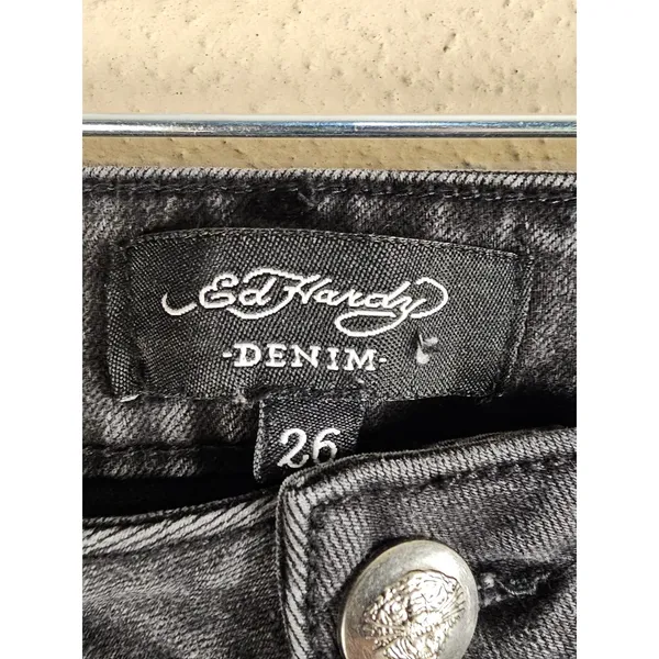 Ed Hardy Womens Black Embroidered Love Kills‎ Slowly Wide Leg Flare Jeans 26 - Image 3