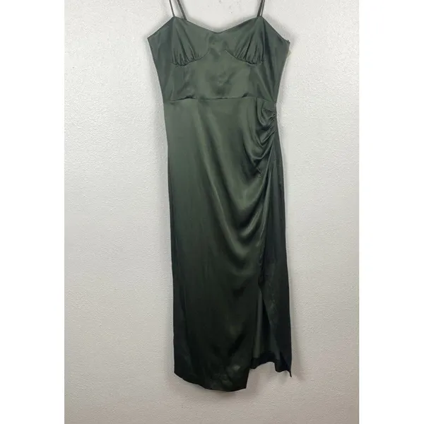 ZARA Green Satin Ruched Sweetheart Slip Midi Dress Spaghetti Strap Size S - Image 2