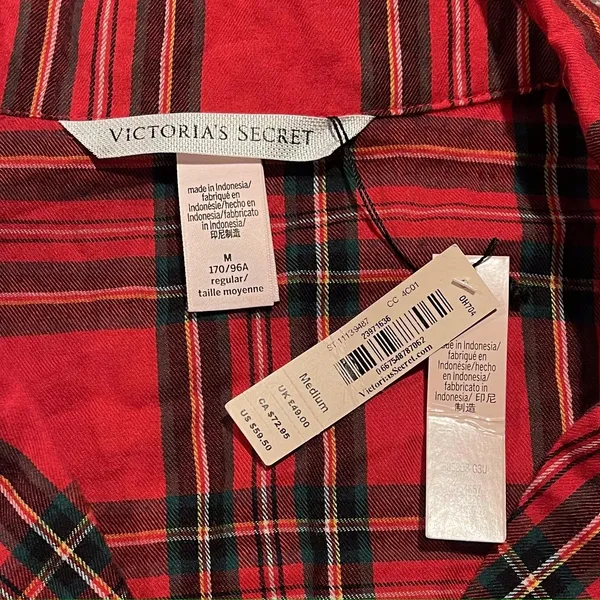 NWT Victorias Secret Pajama Top Cottage Dark Academia Button Up Plaid Red Medium - Image 3
