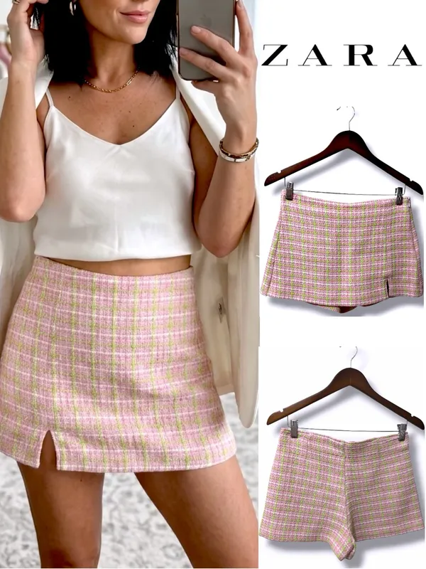 ZARA | NWOT Morocco Cotton Pink Green Plaid Tweed Side Zip Mini Skirt Shorts (S) - Image 2