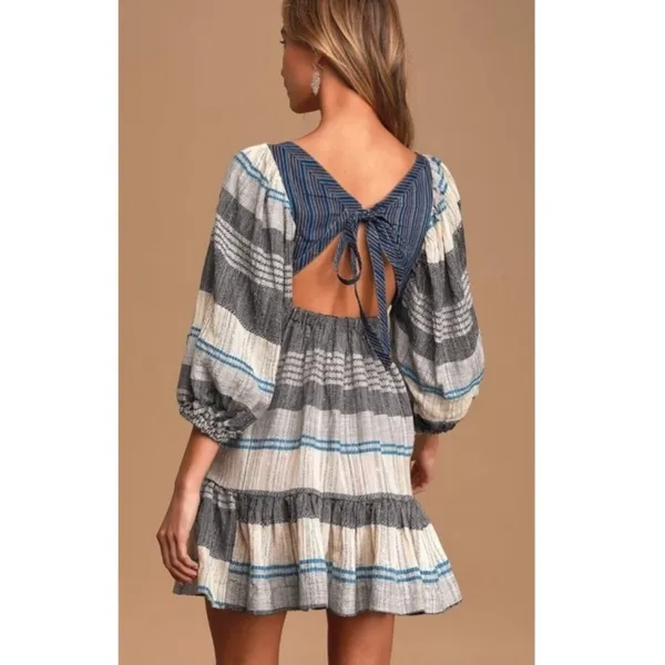 Free People All Lined Up Striped Boho Peasant Milkmaid Dress Open Back XS - Image 2
