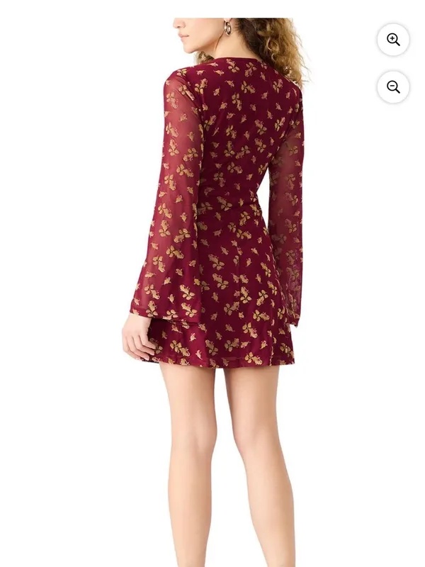 Betsey Johnson Women’s Babydoll Mini Dress L Burgundy Floral Long Sleeve NWT - Image 3