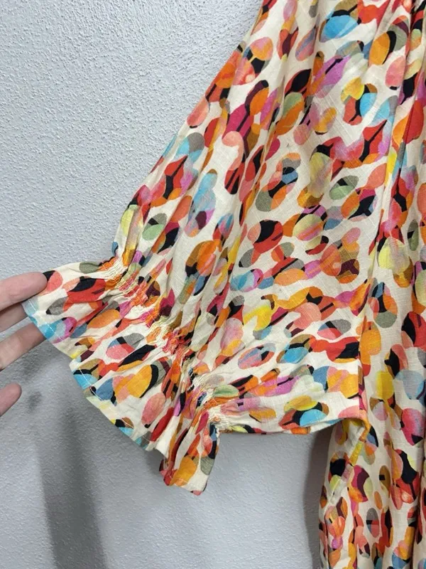 Liverpool Multicolor Puff-Sleeve Blouse XL Dot Print V Neck Short Sleeve READ - Image 2