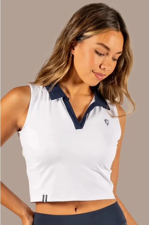 J. Pritchard Hamptons Crop Polo Medium White Navy Tennis Golf Pickleball $98 EUC - Image 4