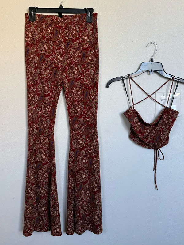 Windsor 2PC Set XS S Rust Paisley Crop Top Wide Leg Flare Pants 70s Halloween - Image 3