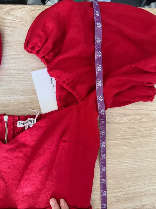 Reformation 4 NEW Tien Linen Dress Cherry Red Fitted Waist Puffy Holiday Belted - Image 9