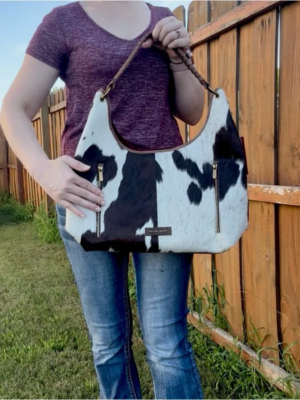 Loyal West- Conceal Carry Cowhide Hobo Bag with Braided Handle - Black & White - Image 5