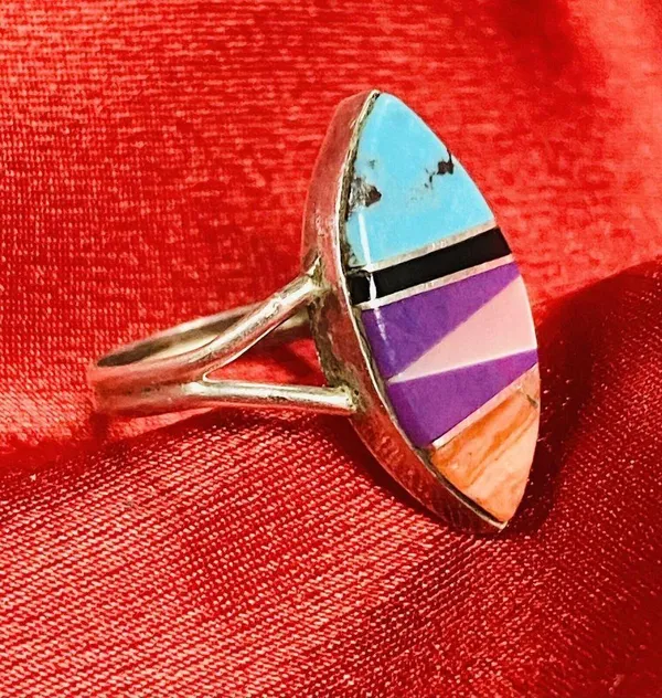 Southwest Sterling Silver Multi Stone Inlay Ring Sz 6-6.5 Signed P - Image 3