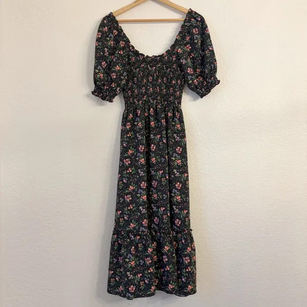 Hill House Home Louisa Nap Dress S Berry Crepe Smocked Floral Midi Tiered Black - Image 7