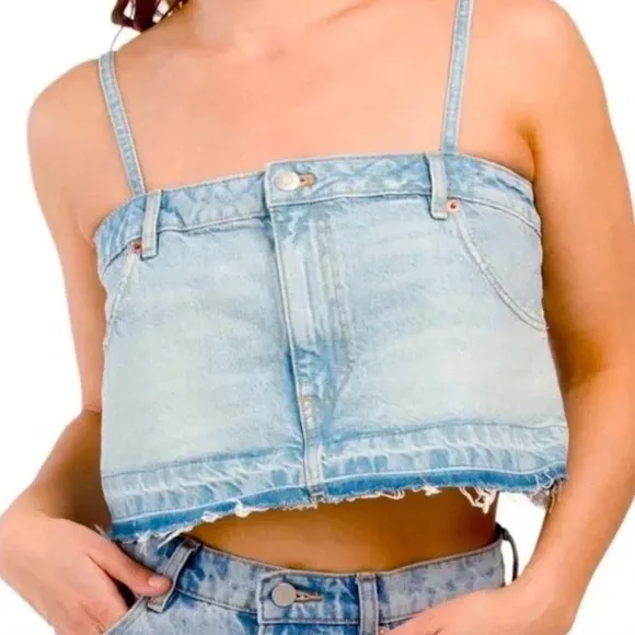 ZARA Blue Wash Denim Jean Cropped Pants Tube Tank Top Spaghetti Strap Distressed - Image 5
