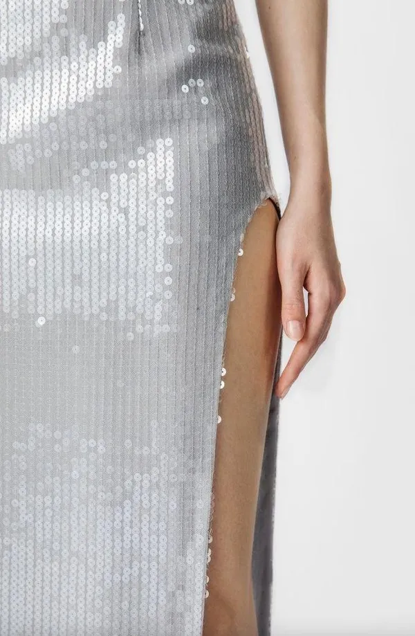 Sau Lee Opal Gown Maxi Dress Gray Sequin Size 2 NWT - Image 2