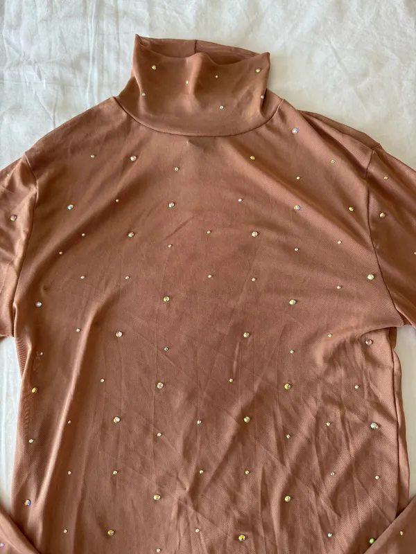 Wild Fable Beige Mesh Turtle Neck Top With Rhinestone Detail - Image 2