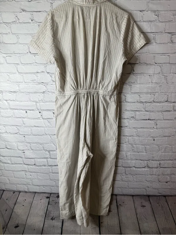 Madewell Cream and Navy Striped Button-Up jumpsuit wide leg size large - Image 8