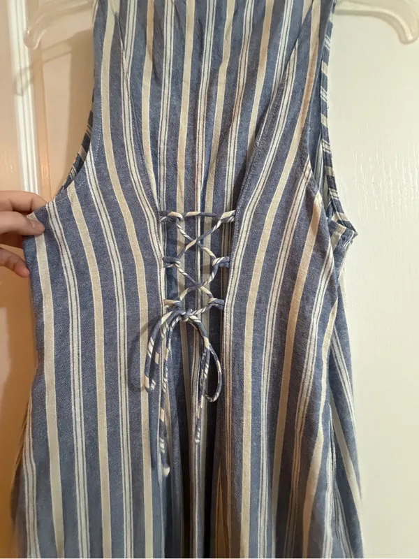 Old Navy Blue and White Vertical Stripe Button-Front Maxi Dress - Image 9