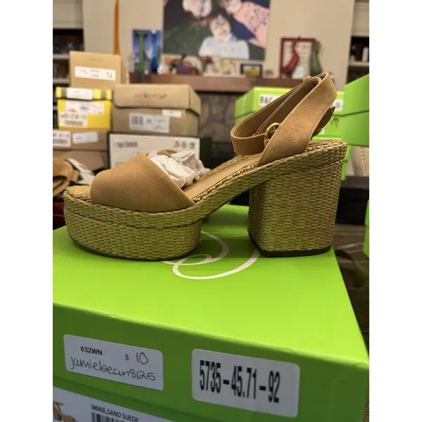 New Womens Sam Edelman Immie Ankle Strap Sand Suede Heeled Sandals‎ Size 10 M - Image 2