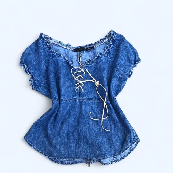 RARE Y2K Coquette Renaissance Whimsy Babydoll Sweetheart Corset Lace Up Top Shirt Blouse Romantic Trendy Denim Navy Blue Sz M #cottagecore #fairy Measurement in pics Great condition - Image 2