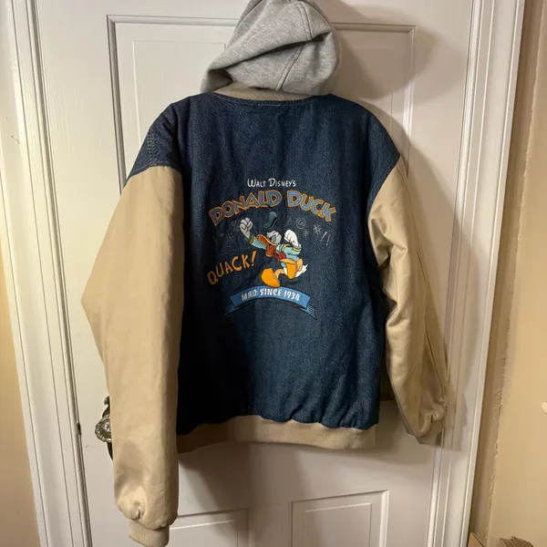 Vintage Disney Donald Duck Varsity Denim Jean And Khaki Jacket With Hood Size M - Image 8