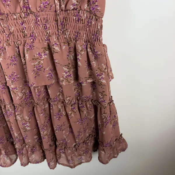 Entro Mauve Floral Smocked Mini Dress Tiered Cottage Boho Romantic Feminine - Image 4