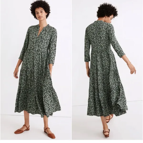 Madewell Green Floral Midi Dress | Size XS |‎ Long Sleeve - Image 2