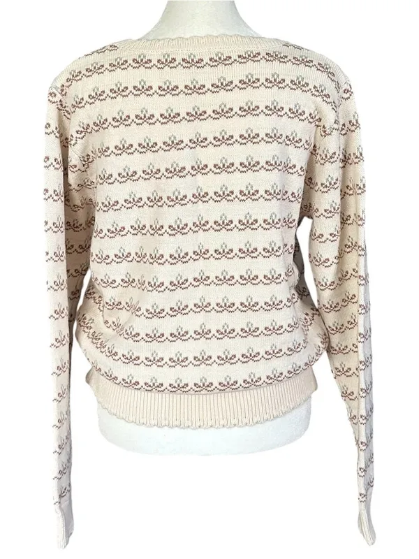 See and be Seen Fair Isle Floral Scallop Ribbed Trim Grandmacore Sweater Small - Image 2