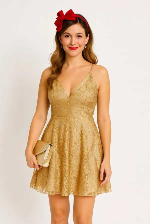 Dress the Population Gold Metallic Lace V Neck Fit Flare Cocktail Mini Dress S - Image 5