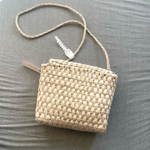 Anthropologie Embellished Straw Crossbody‎ Bag NWT Tan Cream Woven - Image 7