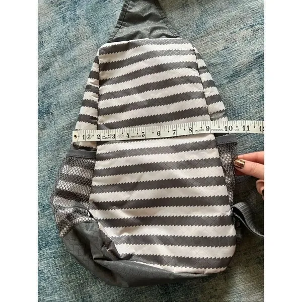 Thirty One Gray White Stripe Sling Crossbody Bag with Pink Accents - Image 7