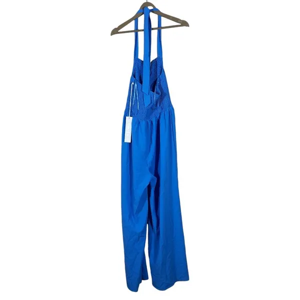NWT Lumiere Smocked Halter Solid Wide Leg Jumpsuit Blue Boho Summer Size M - Image 4