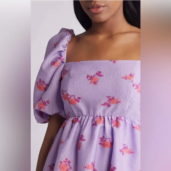 Chelsea28 Brocade‎ Puff Sleeve Babydoll Dress in Purple Lupine Floral Size XL - Image 3