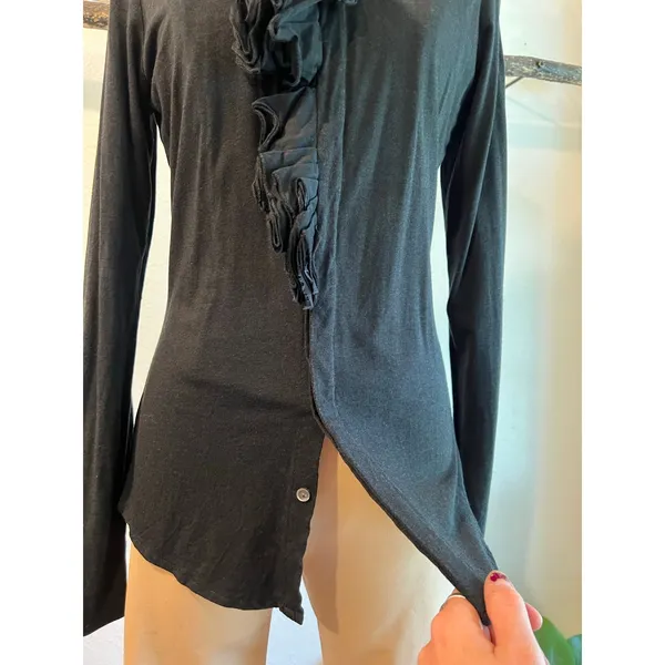 Blue Label 80s Ralph Lauren Black Ruffled Long Sleeve Cotton Blouse Size Medium - Image 6