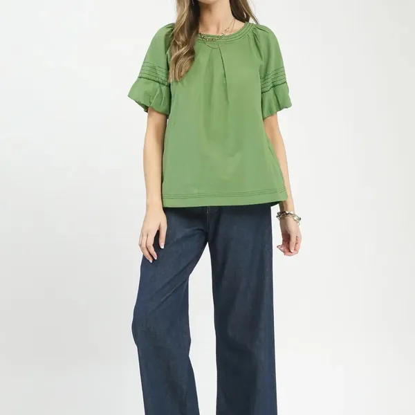 Umgee Round Neck Puff Sleeve Top with‎ Contrast Stitch Detail - Image 5