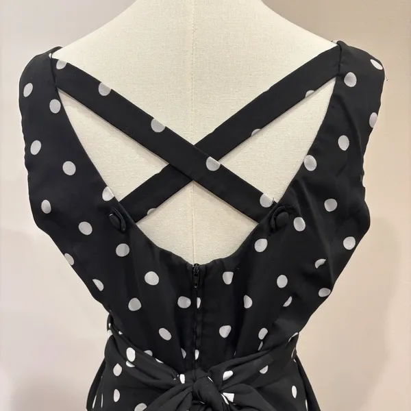 90s Scarlett Black White Polka Dot Fit Flare Dress Criss Cross Back Waist Tie‎ S - Image 6