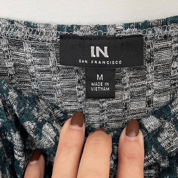 IN San Francisco Square Neck Top Womens Medium Teal Grey Abstract Smocked Ribbed - Image 5