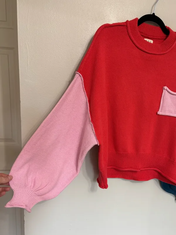 POL Colorblock Oversized Cotton Roll Hem Sweater Red, Pink, and Navy - Size S - Image 4