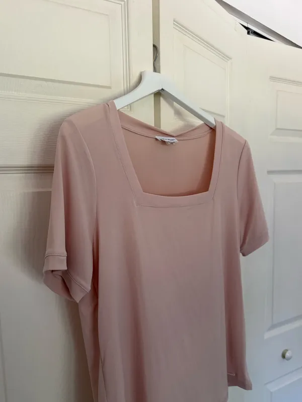 Calvin Klein Square Neck Top Short Sleeve Peach Pink Nude Solid Large - Image 3