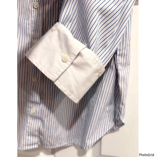 Madewell Easy Y-Neck Poplin Button Shirt Blue White Stripe Preppy Fold Cuffs - Image 3