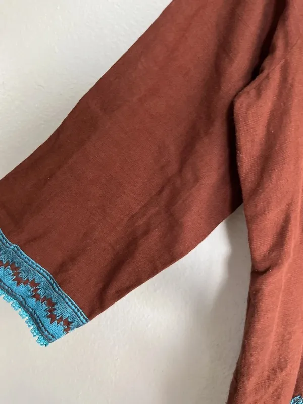 Vintage Mexican American long-sleeved Cotton tunic teal embroidered Brown floral - Image 12