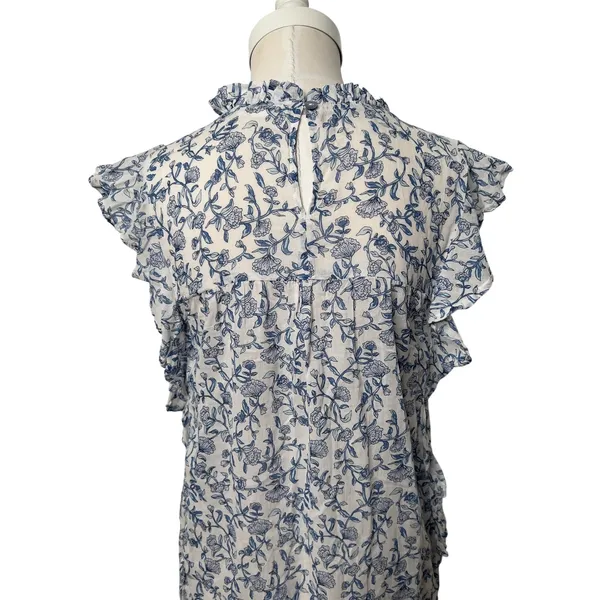 Beachlunchlounge‎ White Blue Floral Ruffle Neck Cotton Sleeveless Blouse Small - Image 5