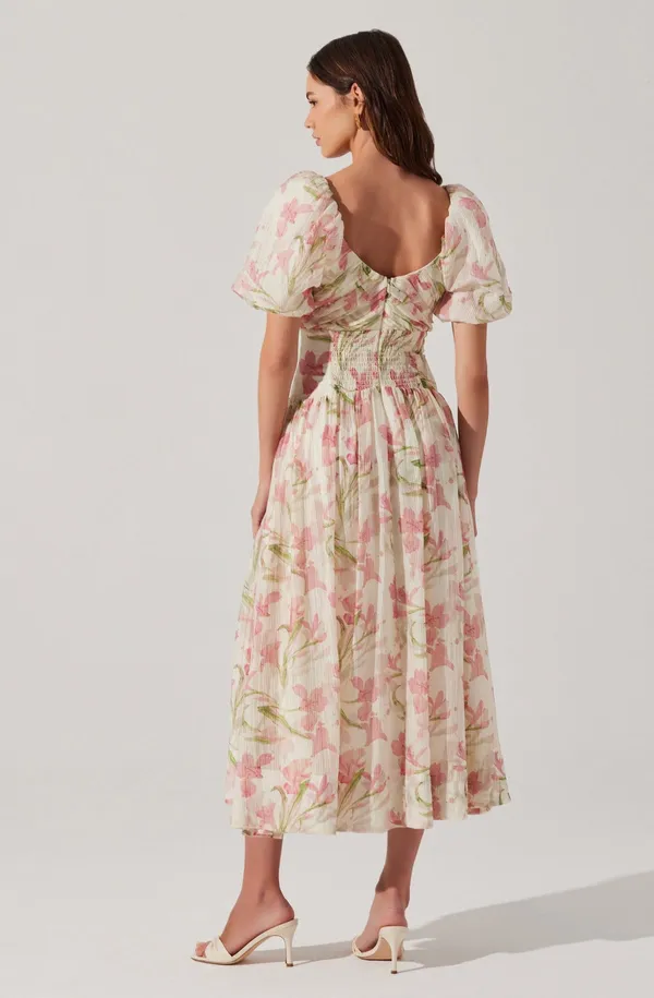 NWT ASTR the Label Sasilia floral puff sleeve dress Sz M midi-length a v-neckline and a front slit coquette chiffon organza like flare Shirred overlay - Image 2