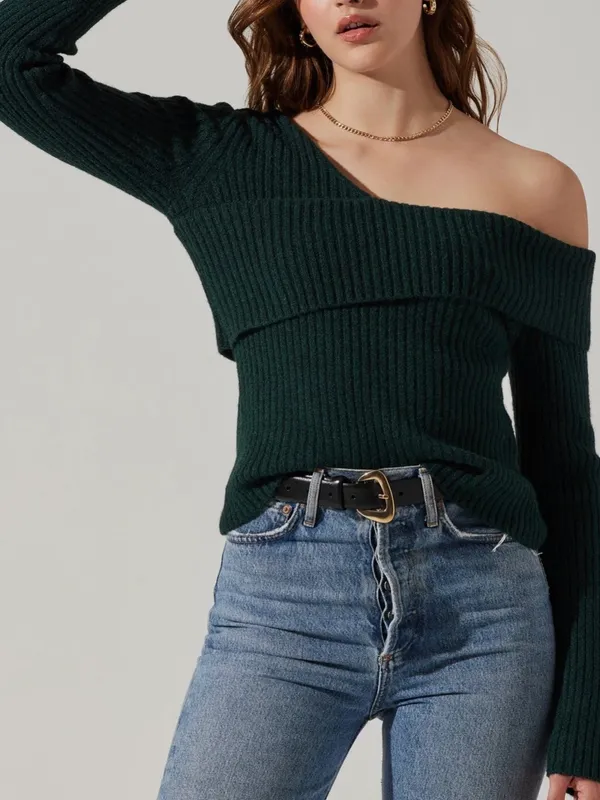 Astr The Label Asymmetrical Foldover One Shoulder Sweater Green Medium $70 - Image 5