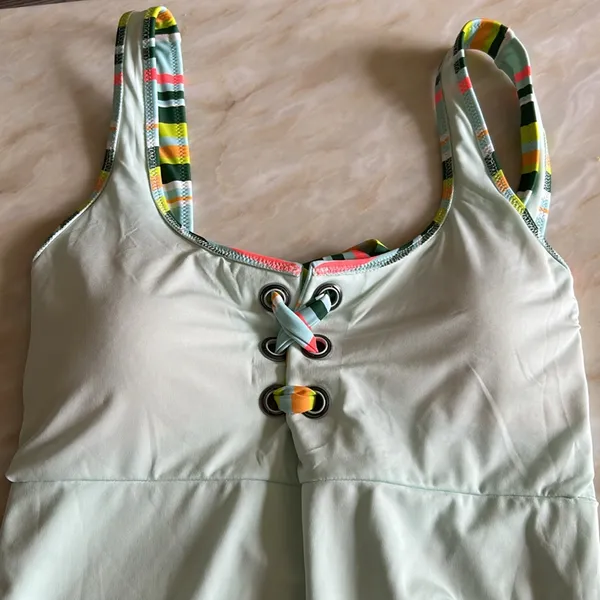 AERIE Women’s Striped One Piece Tie Front‎ One Piece Bathing Suit Sz Large - Image 12