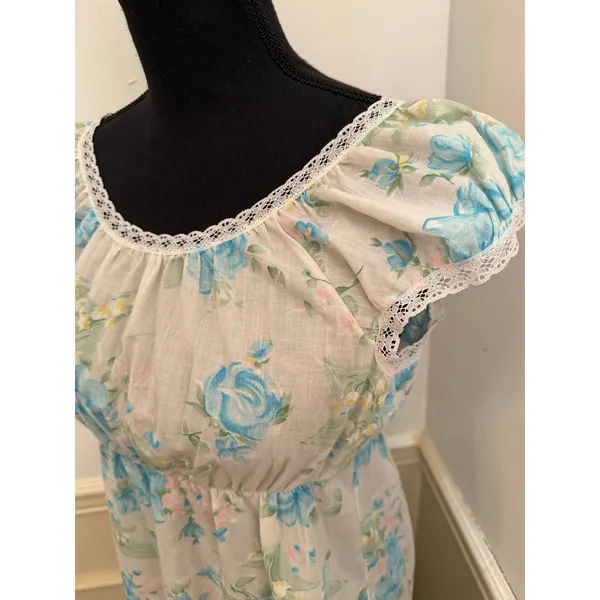 Vintage Handmade Cotton Floral Nightgown Dress Cottagecore Empire Waist Midi - Image 2