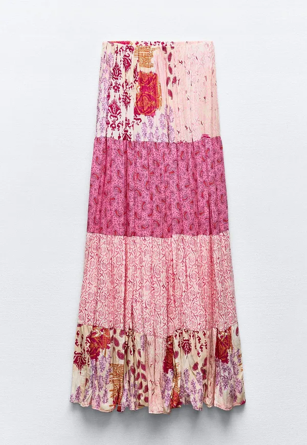 Zara NWT  Pink PATCHWORK PRINT LONG SKIRT. Size Large - Image 2