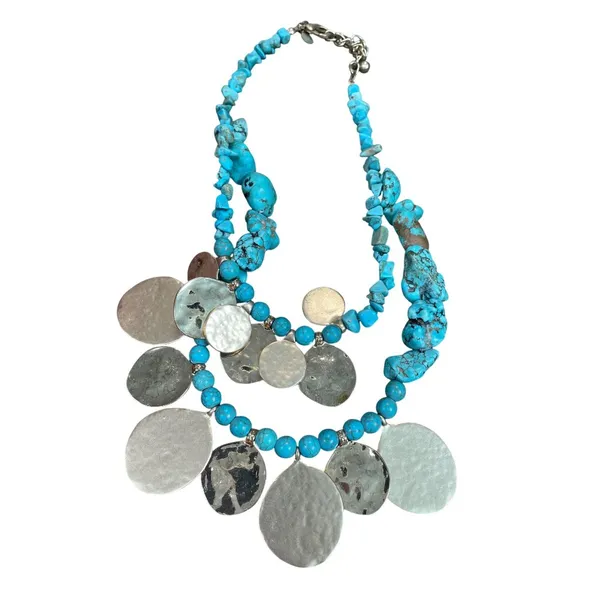 Chicos turquoise Gold metal Statement Boho Bib Tribal metal Knecklace SKU 9577 - Image 9