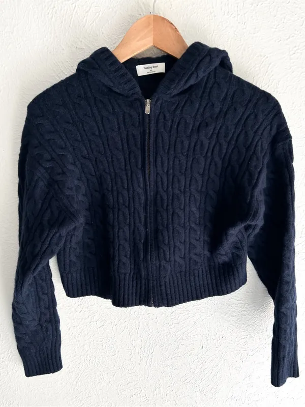 Aritzia Sunday Best Octavia Zip Hoodie Navy Cable Knit Wool XS Cropped Fisherman - Image 2