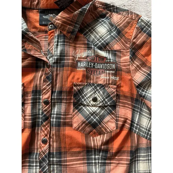 Harley Davidson Women's Plaid Button Up Back Embroidered Logo Shirt Size Large - Image 5